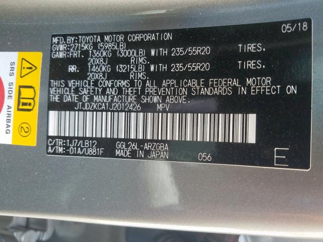 Photo 9 VIN: JTJDZKCA1J2012426 - LEXUS RX 350 L 