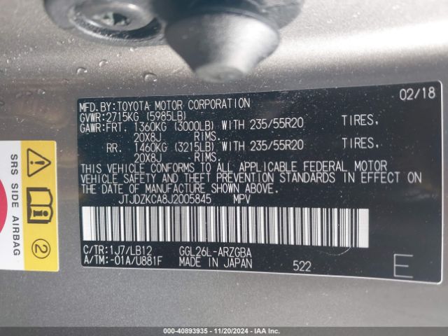 Photo 8 VIN: JTJDZKCA8J2005845 - LEXUS RX 