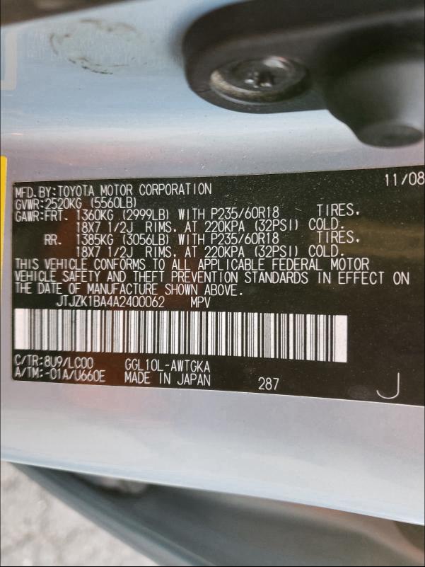 Photo 9 VIN: JTJZK1BA4A2400062 - LEXUS RX 350 