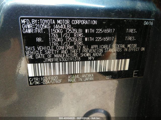 Photo 8 VIN: JTMBFREV3GD191318 - TOYOTA RAV4 