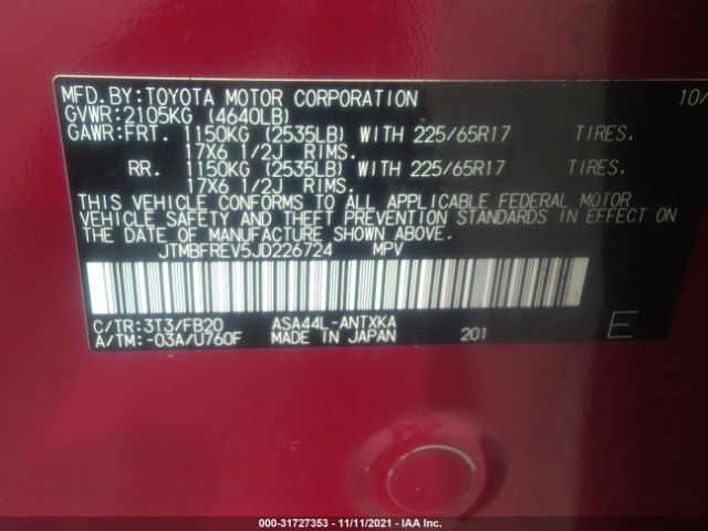 Photo 8 VIN: JTMBFREV5JD226724 - TOYOTA RAV4 