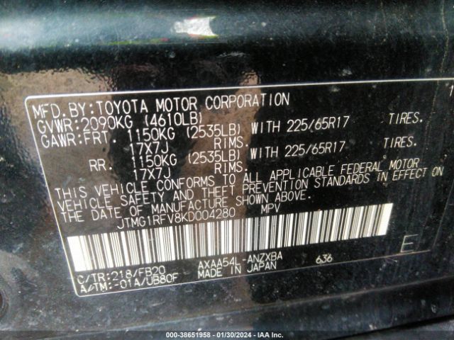 Photo 8 VIN: JTMG1RFV8KD004280 - TOYOTA RAV4 