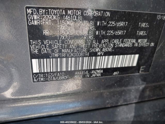 Photo 8 VIN: JTMP1RFV2KD008194 - TOYOTA RAV4 