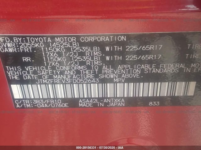 Photo 8 VIN: JTMZFREV3FD052643 - TOYOTA RAV4 