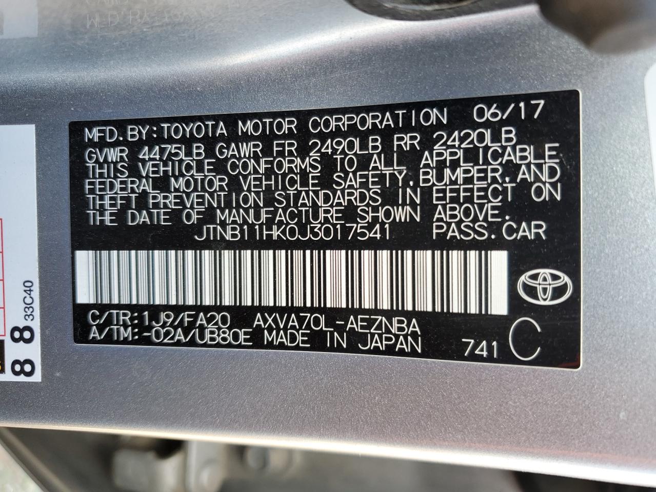 Photo 11 VIN: JTNB11HK0J3017541 - TOYOTA CAMRY 