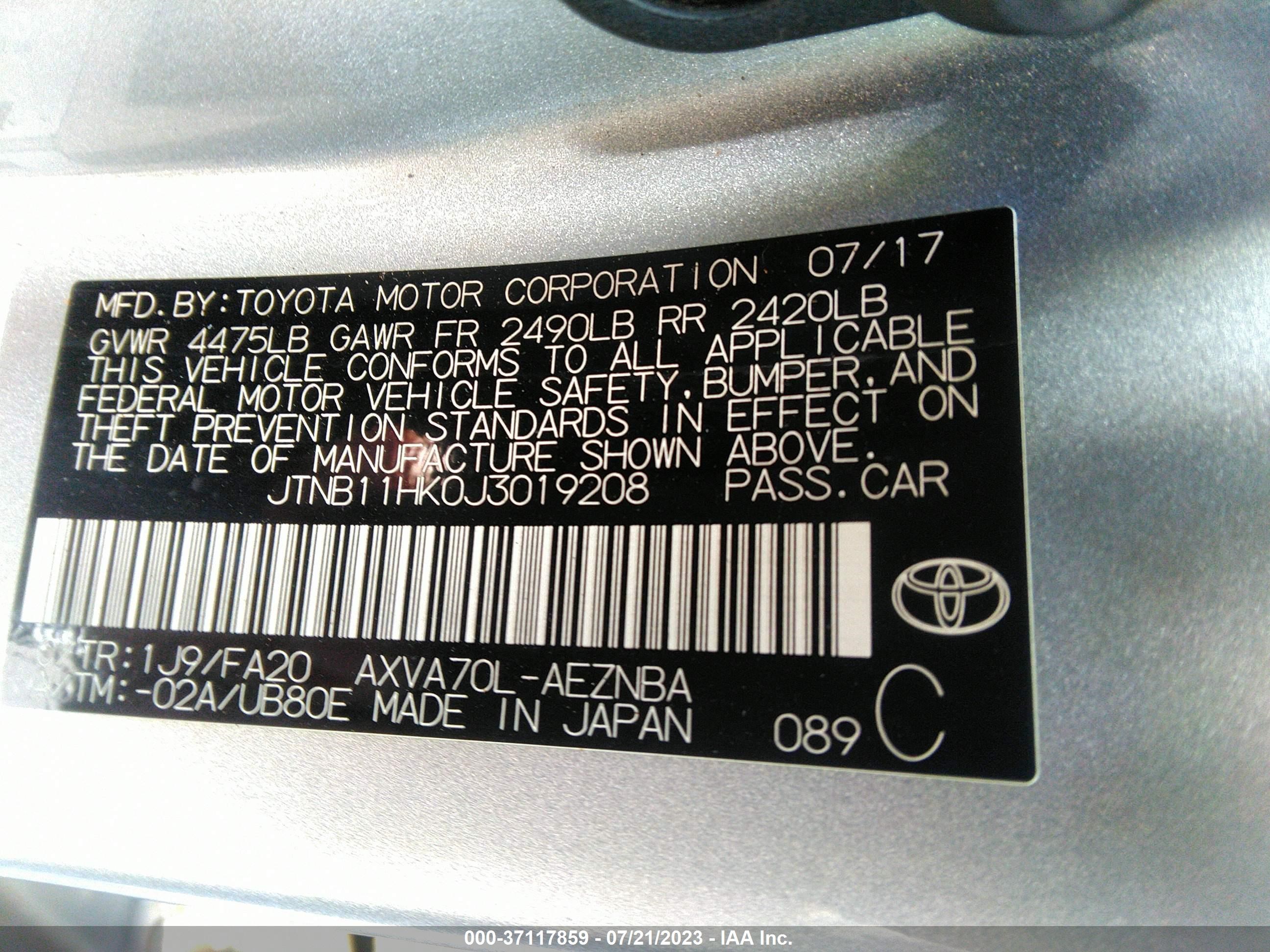 Photo 8 VIN: JTNB11HK0J3019208 - TOYOTA CAMRY 