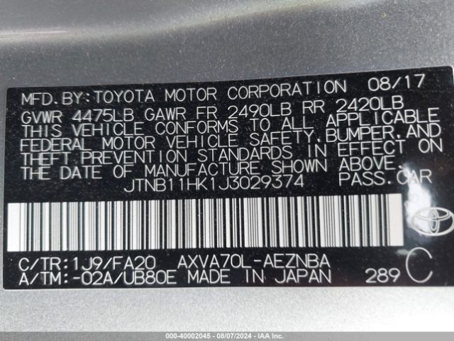 Photo 8 VIN: JTNB11HK1J3029374 - TOYOTA CAMRY 