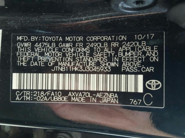 Photo 9 VIN: JTNB11HK3J3045933 - TOYOTA CAMRY L 