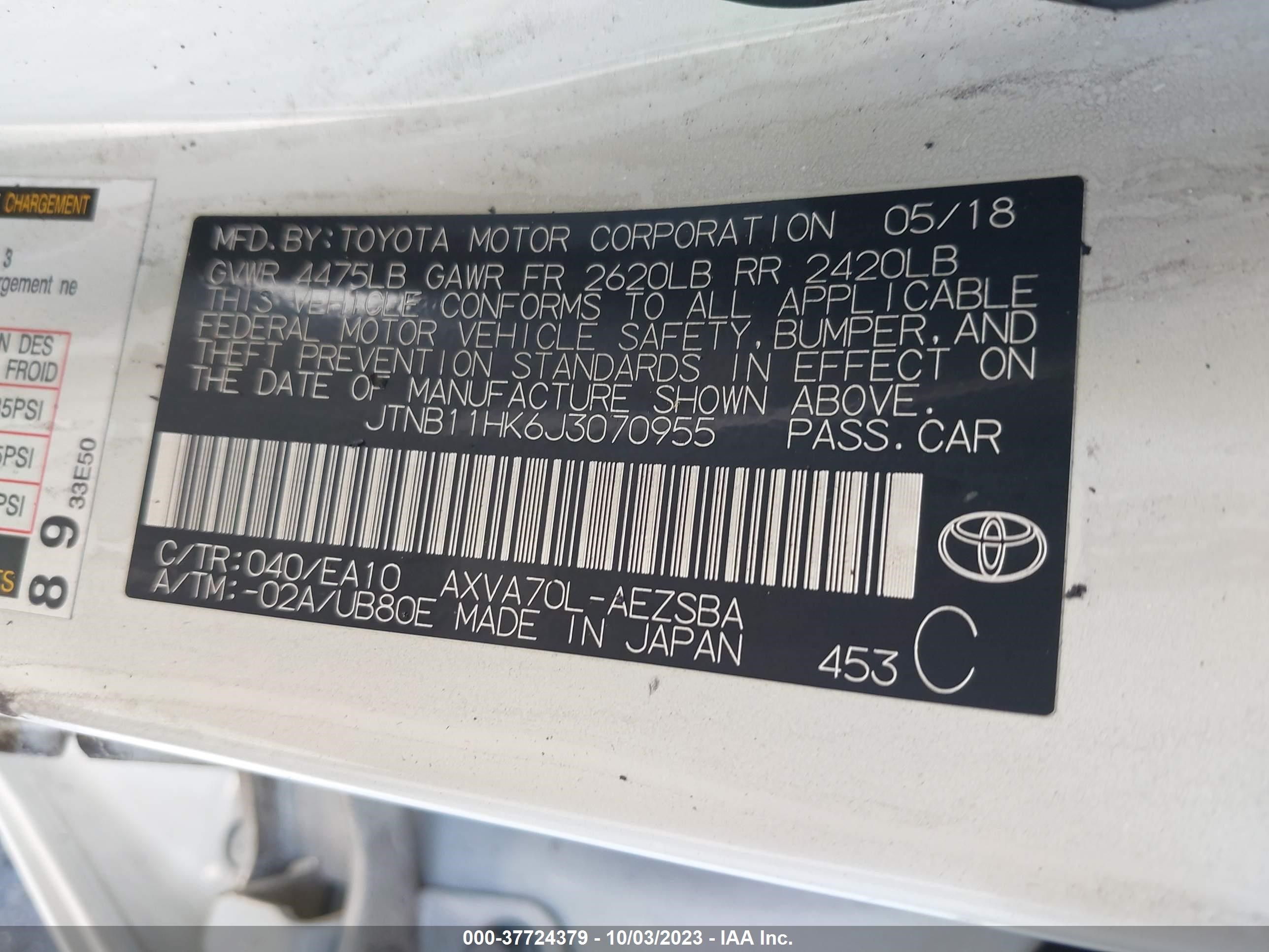 Photo 8 VIN: JTNB11HK6J3070955 - TOYOTA CAMRY 