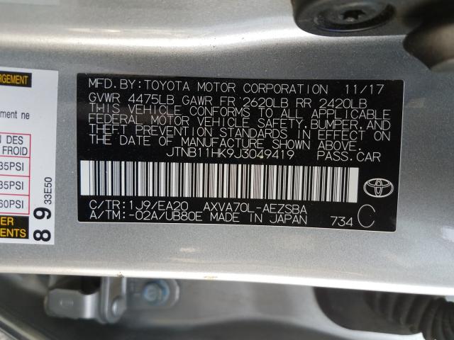 Photo 9 VIN: JTNB11HK9J3049419 - TOYOTA CAMRY L 