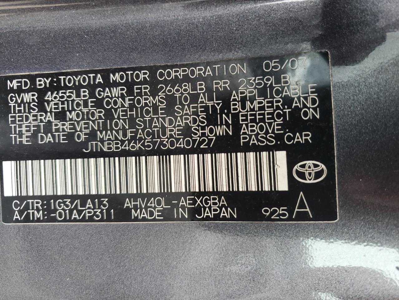 Photo 12 VIN: JTNBB46K573040727 - TOYOTA CAMRY 