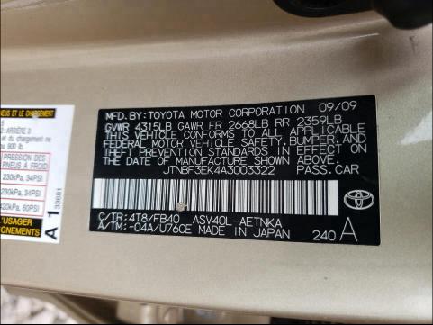 Photo 9 VIN: JTNBF3EK4A3003322 - TOYOTA CAMRY BASE 