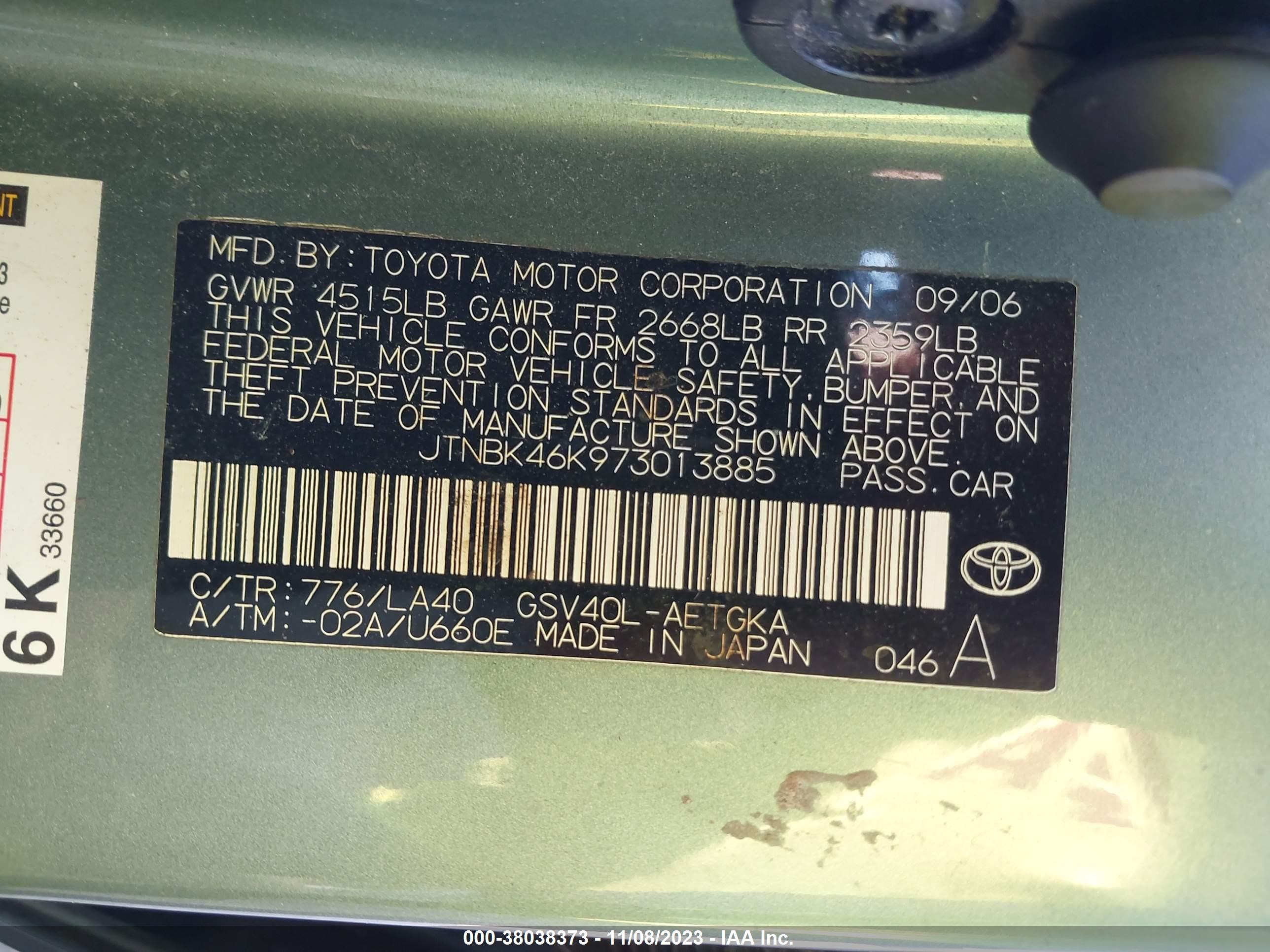 Photo 8 VIN: JTNBK46K973013885 - TOYOTA CAMRY 