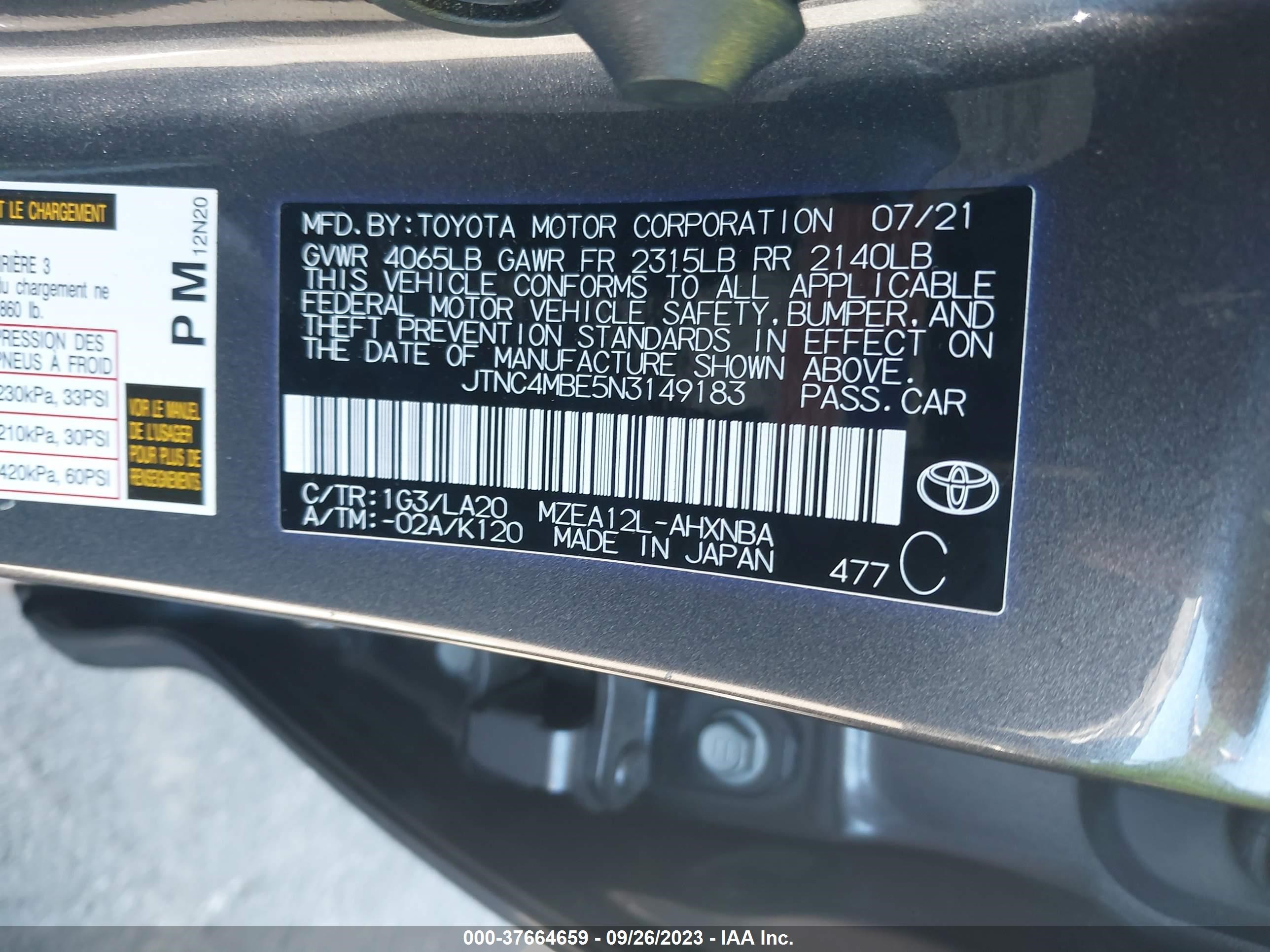 Photo 8 VIN: JTNC4MBE5N3149183 - TOYOTA COROLLA 