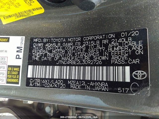 Photo 8 VIN: JTNC4RBE2L3092726 - TOYOTA COROLLA HATCHBACK 