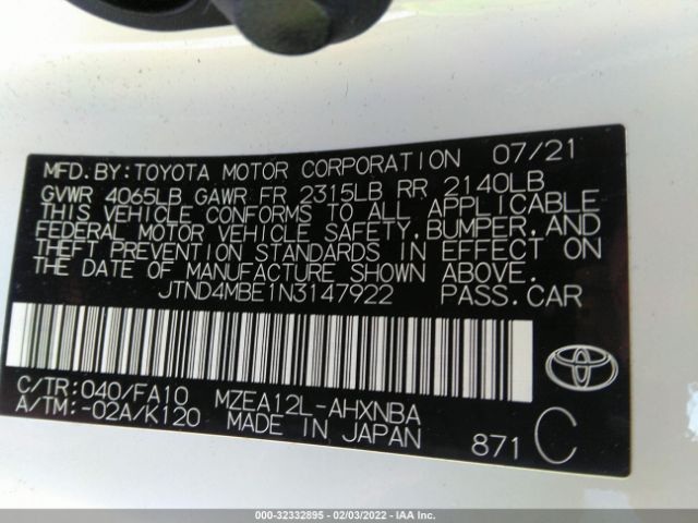 Photo 8 VIN: JTND4MBE1N3147922 - TOYOTA COROLLA HATCHBACK 