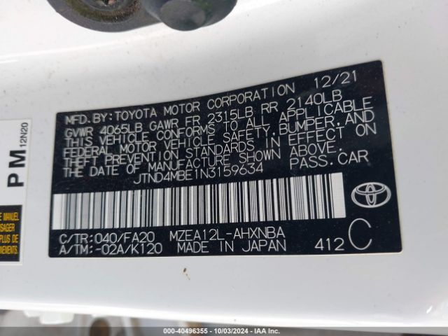 Photo 8 VIN: JTND4MBE1N3159634 - TOYOTA COROLLA 