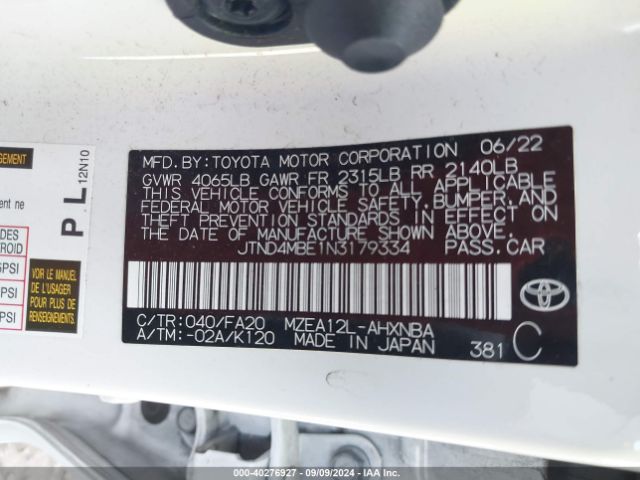 Photo 8 VIN: JTND4MBE1N3179334 - TOYOTA COROLLA 