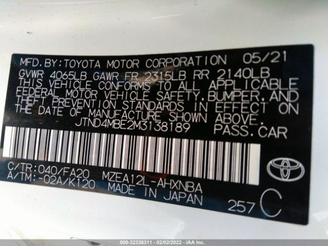 Photo 8 VIN: JTND4MBE2M3138189 - TOYOTA COROLLA HATCHBACK 