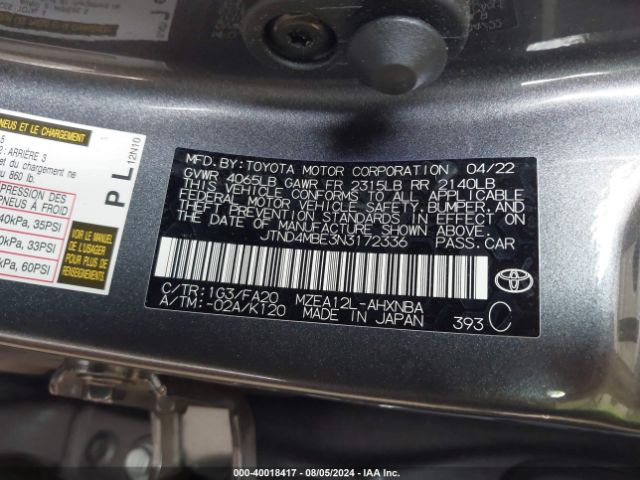 Photo 8 VIN: JTND4MBE3N3172336 - TOYOTA COROLLA 