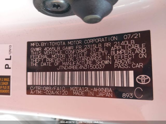 Photo 8 VIN: JTND4MBE4N3150037 - TOYOTA COROLLA 