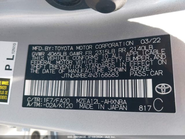 Photo 8 VIN: JTND4MBE4N3168683 - TOYOTA COROLLA 