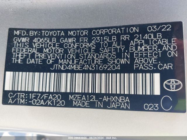 Photo 8 VIN: JTND4MBE4N3169204 - TOYOTA COROLLA 