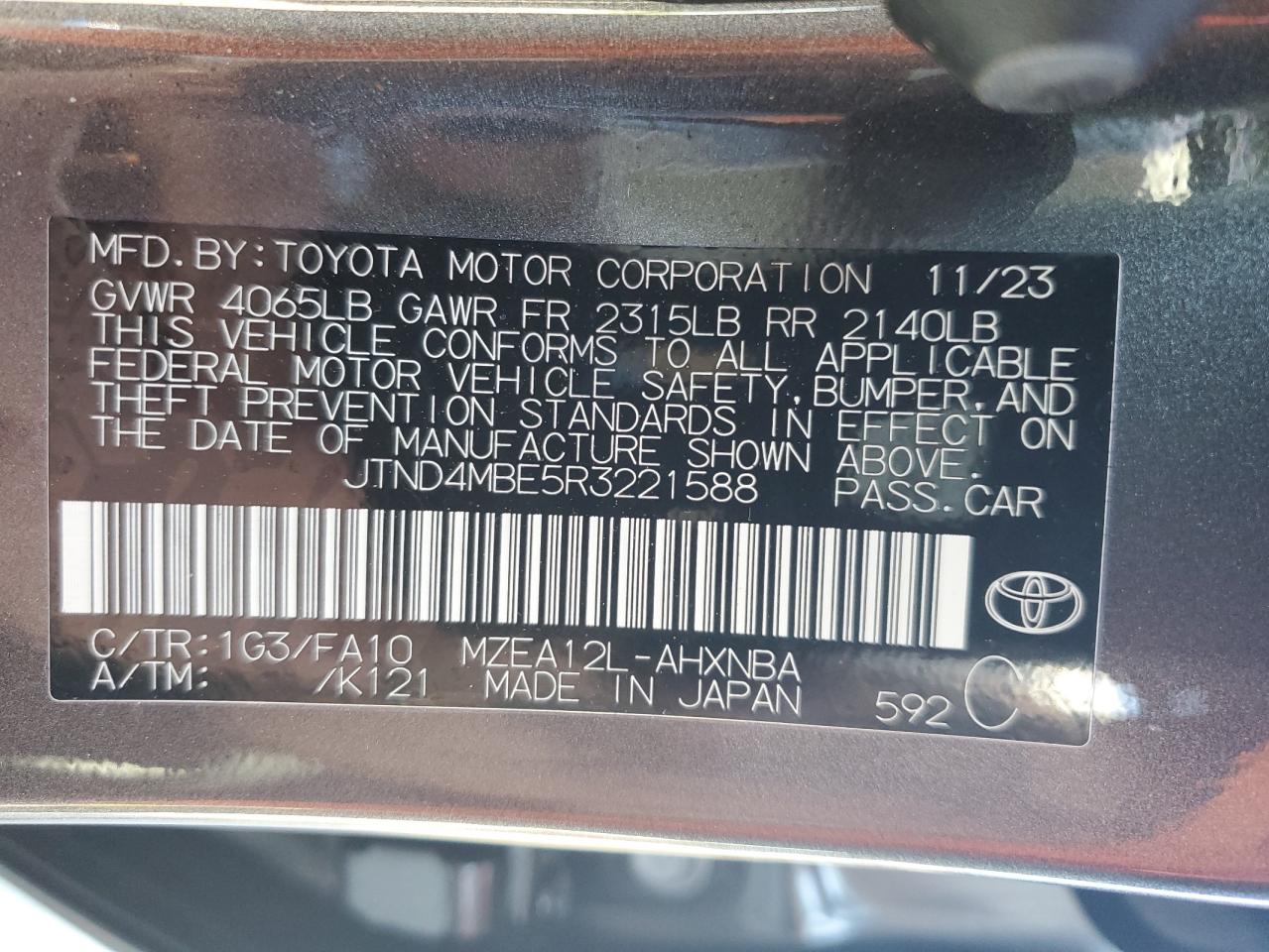 Photo 12 VIN: JTND4MBE5R3221588 - TOYOTA COROLLA 