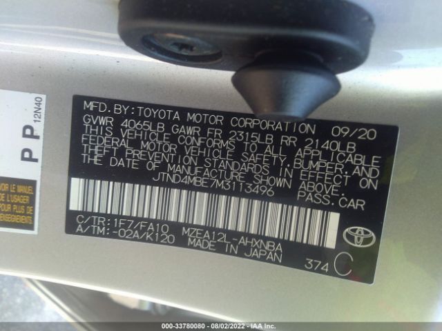 Photo 8 VIN: JTND4MBE7M3113496 - TOYOTA COROLLA HATCHBACK 