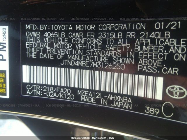 Photo 8 VIN: JTND4MBE7M3126250 - TOYOTA COROLLA HATCHBACK 