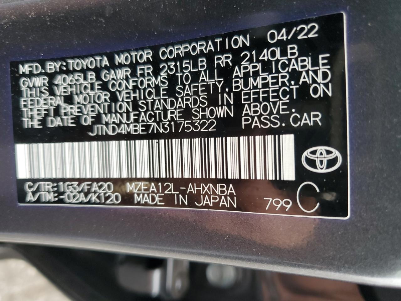 Photo 11 VIN: JTND4MBE7N3175322 - TOYOTA COROLLA 