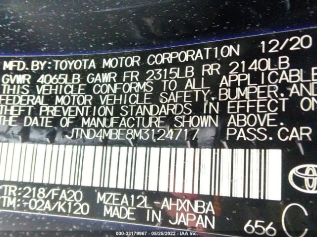 Photo 8 VIN: JTND4MBE8M3124717 - TOYOTA COROLLA HATCHBACK 