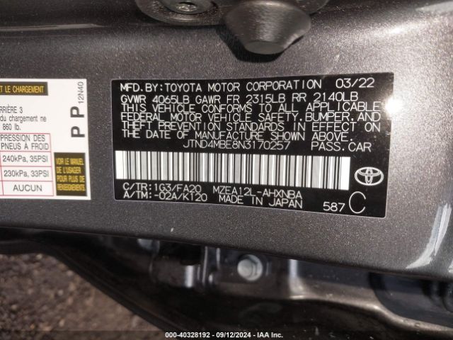 Photo 8 VIN: JTND4MBE8N3170257 - TOYOTA COROLLA 