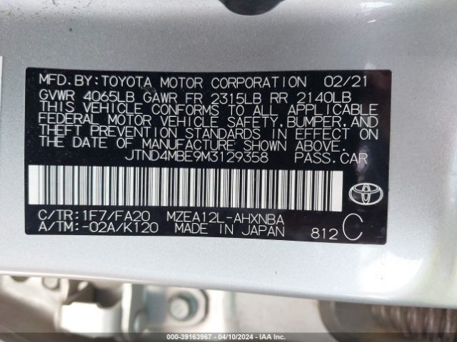 Photo 8 VIN: JTND4MBE9M3129358 - TOYOTA COROLLA 