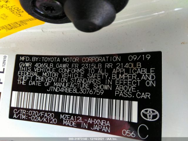 Photo 8 VIN: JTND4RBE8L3076759 - TOYOTA COROLLA HATCHBACK 