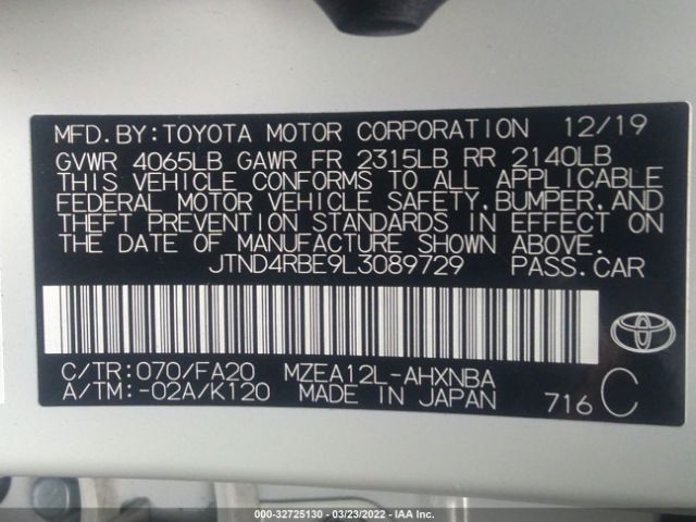 Photo 8 VIN: JTND4RBE9L3089729 - TOYOTA COROLLA 