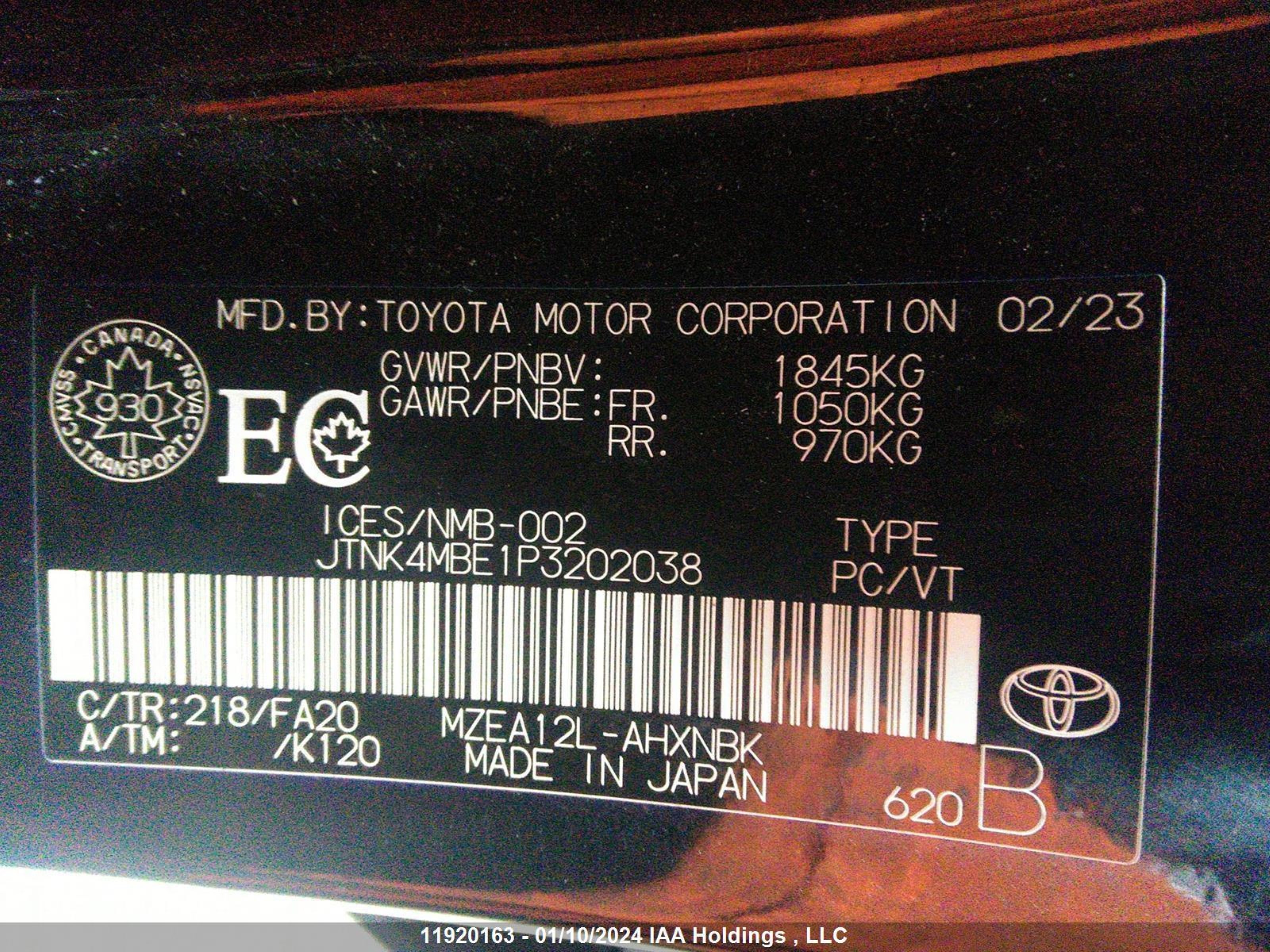 Photo 8 VIN: JTNK4MBE1P3202038 - TOYOTA COROLLA 