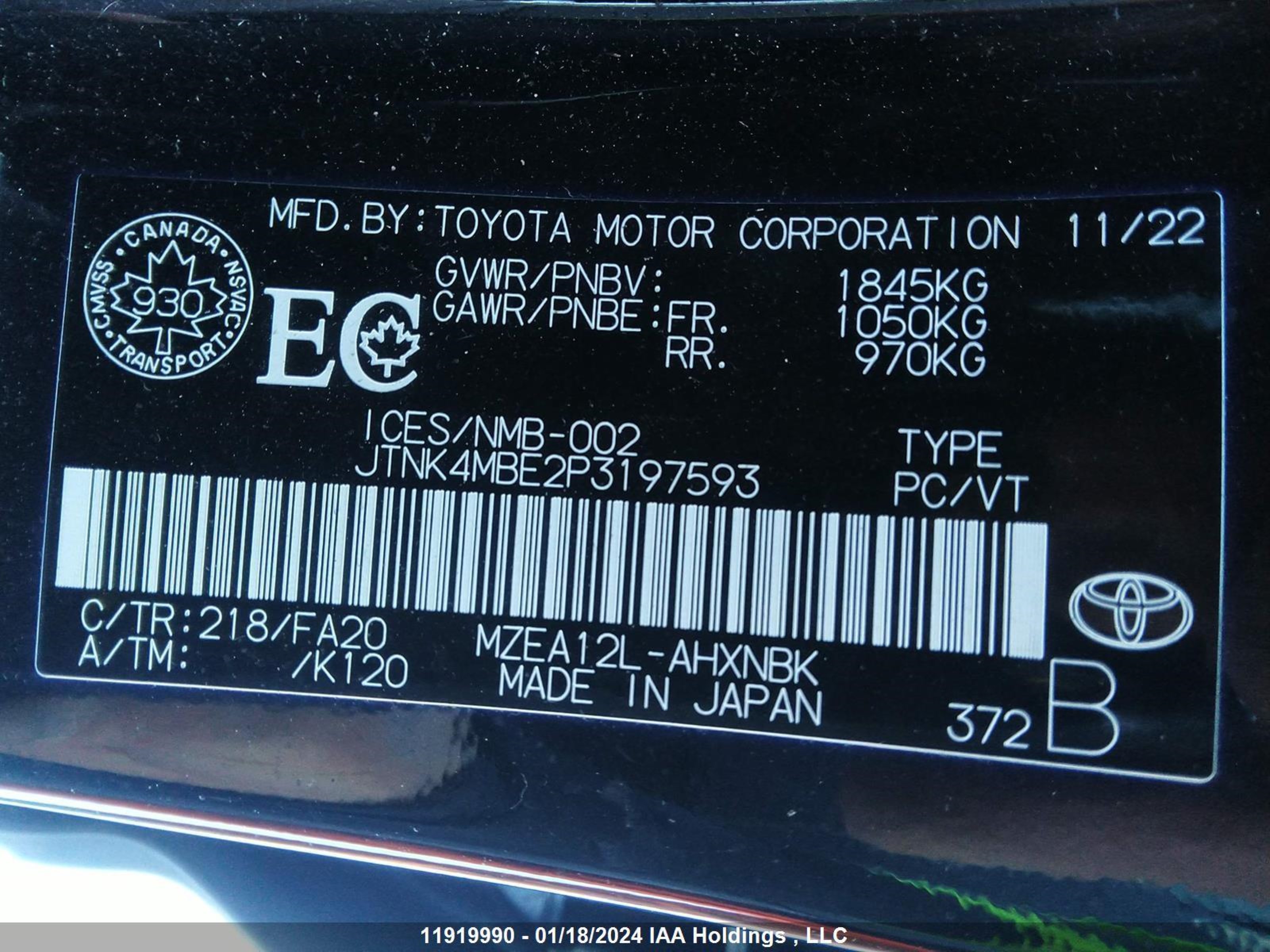 Photo 8 VIN: JTNK4MBE2P3197593 - TOYOTA COROLLA 