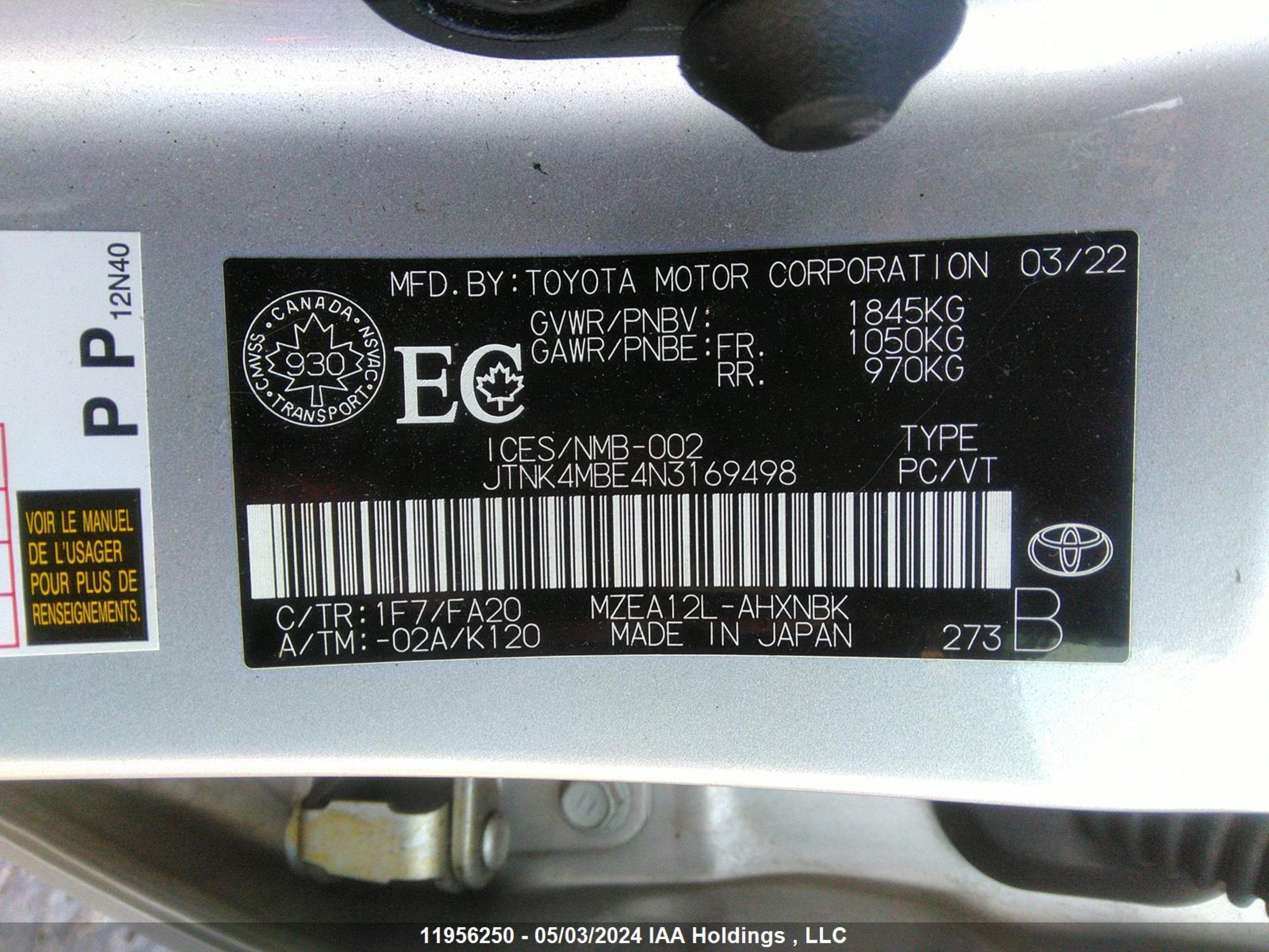 Photo 8 VIN: JTNK4MBE4N3169498 - TOYOTA COROLLA 