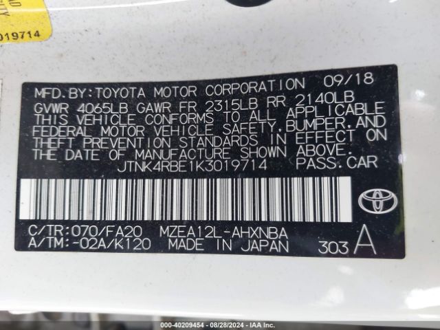 Photo 8 VIN: JTNK4RBE1K3019714 - TOYOTA COROLLA 