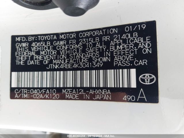 Photo 8 VIN: JTNK4RBE4K3041349 - TOYOTA COROLLA 