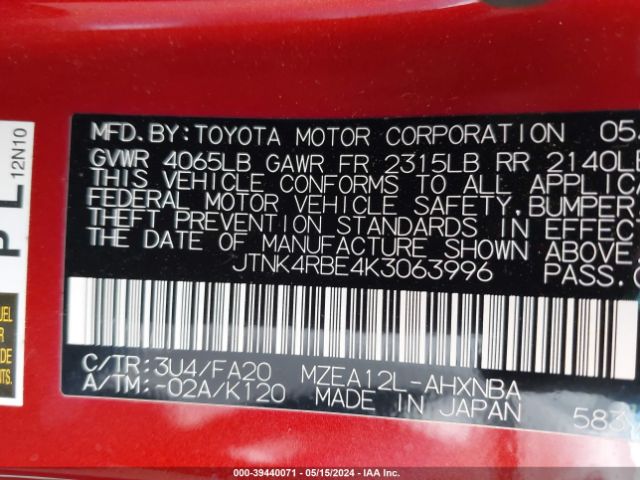 Photo 8 VIN: JTNK4RBE4K3063996 - TOYOTA COROLLA 