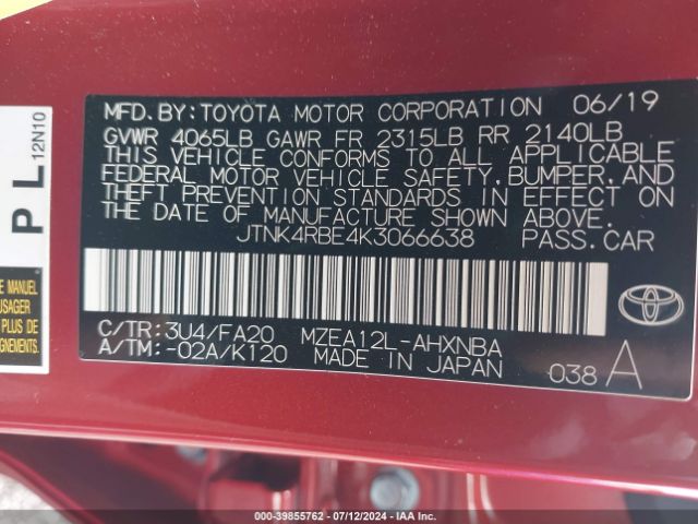 Photo 8 VIN: JTNK4RBE4K3066638 - TOYOTA COROLLA 