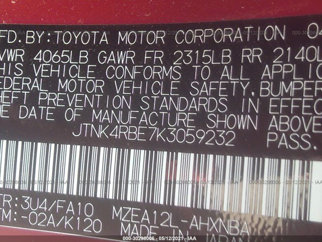 Photo 8 VIN: JTNK4RBE7K3059232 - TOYOTA COROLLA HATCHBACK 