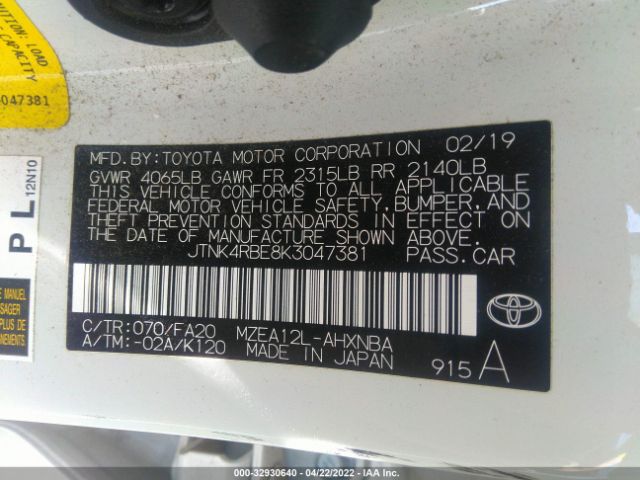 Photo 8 VIN: JTNK4RBE8K3047381 - TOYOTA COROLLA HATCHBACK 