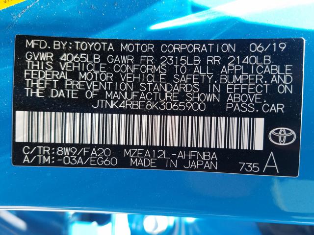 Photo 9 VIN: JTNK4RBE8K3065900 - TOYOTA COROLLA SE 