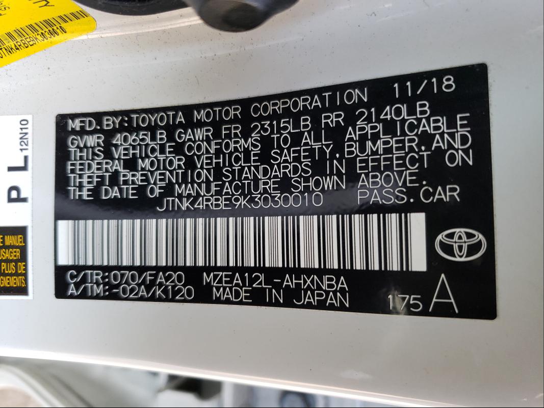 Photo 9 VIN: JTNK4RBE9K3030010 - TOYOTA COROLLA SE 