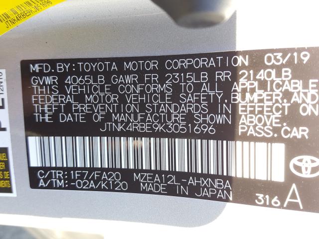 Photo 9 VIN: JTNK4RBE9K3051696 - TOYOTA COROLLA SE 