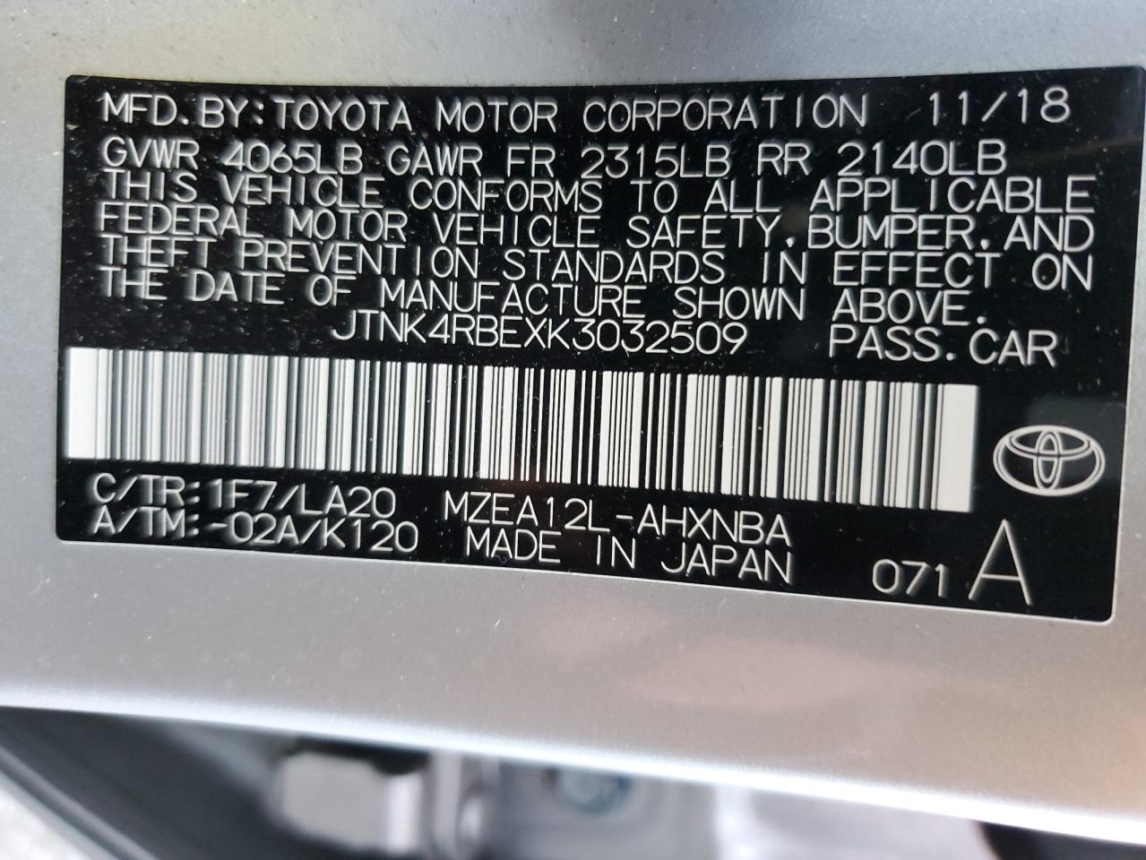 Photo 11 VIN: JTNK4RBEXK3032509 - TOYOTA COROLLA 