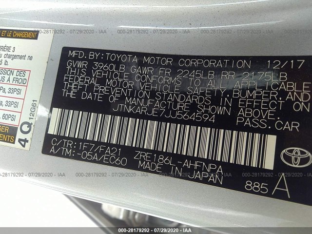 Photo 8 VIN: JTNKARJE7JJ564594 - TOYOTA COROLLA IM 